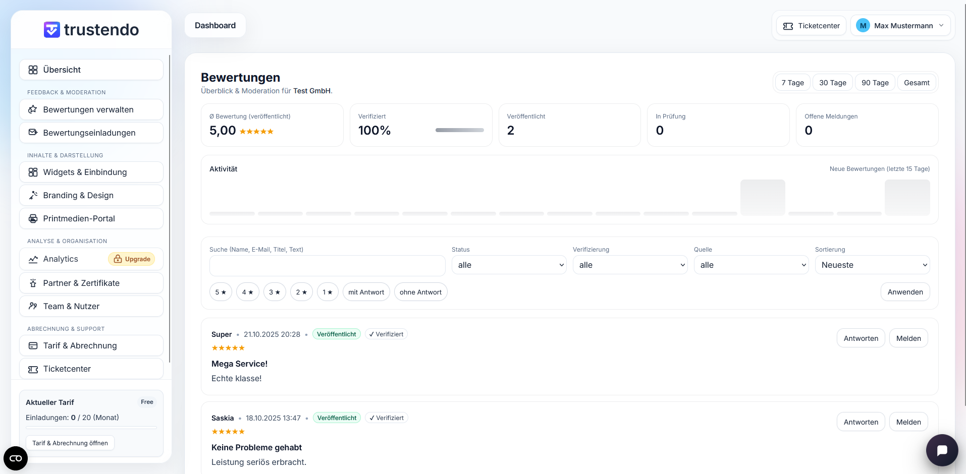 Screenshot: Bewertungen verwalten