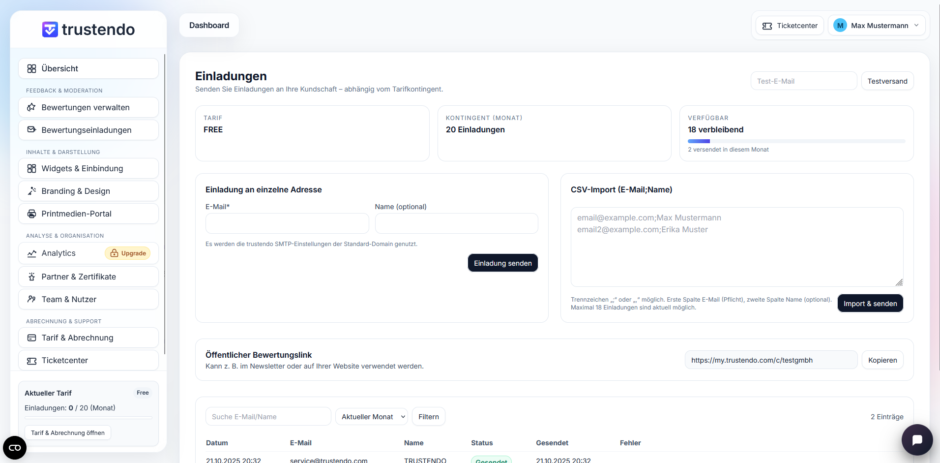 Screenshot: Einladungen